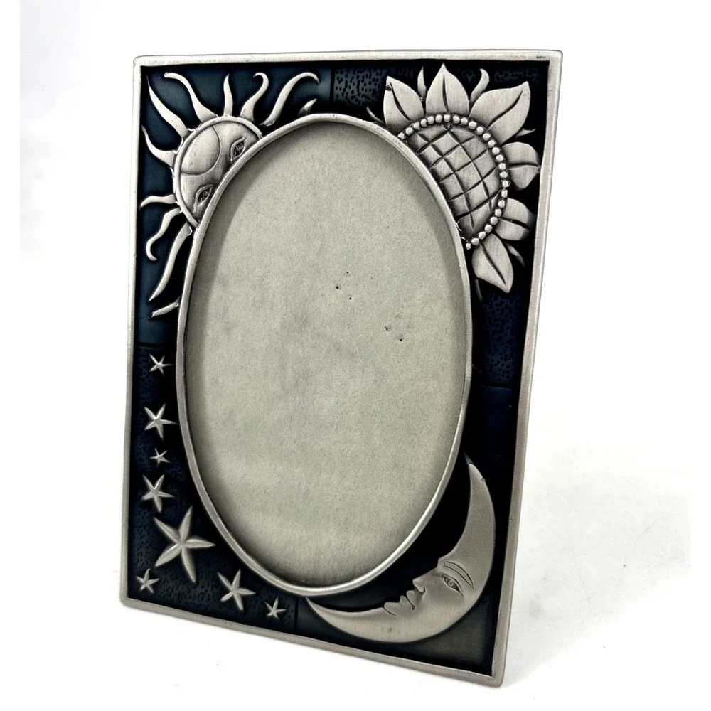 Vintage 90s Celestial Blue and Pewter Sun & Moon Stars Picture Frame Whimsigoth